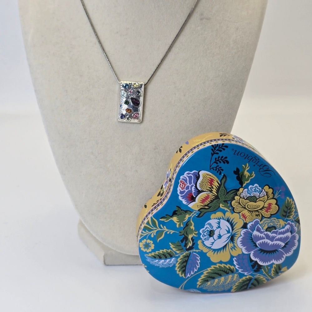 Brighton Bejeweled Silver Pendant Necklace Multi Crystal Heart Shape Trinket Box